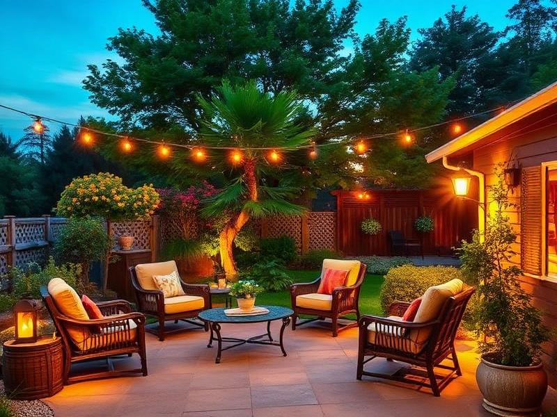 Backyard garden patio at dusk with string lights, lush planting and lounge seating