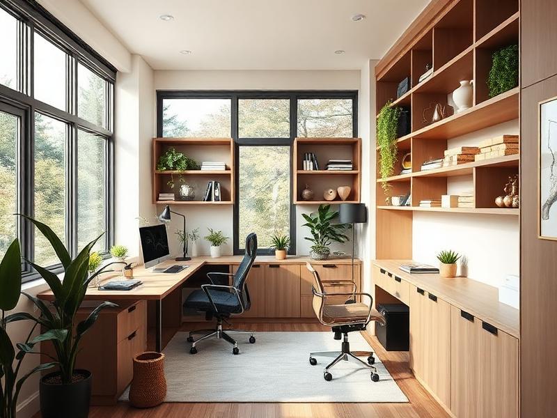 Bright Scandinavian home office with light wood desk, white walls and daylight from a large window