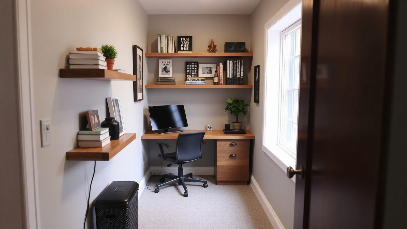 Small home office nook built into an alcove with a wood floating desk, ergonomic chair, floating shelves with books and photos, plant, and warm wall lighting