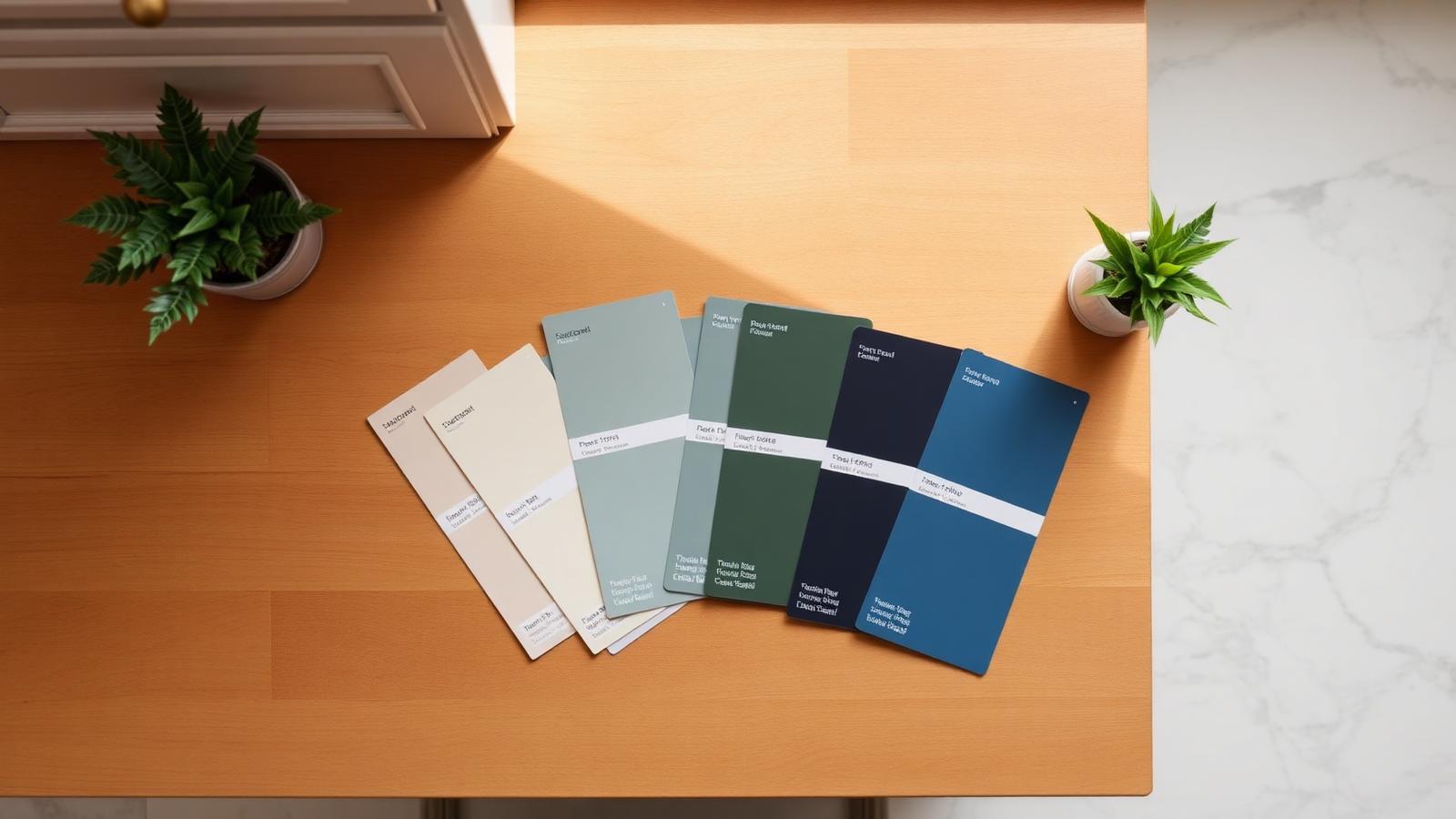 Kitchen paint color swatches for sage green, muted blue-grey, forest green, and navy fanned out on an oak counter next to a marble tile and a small plant
