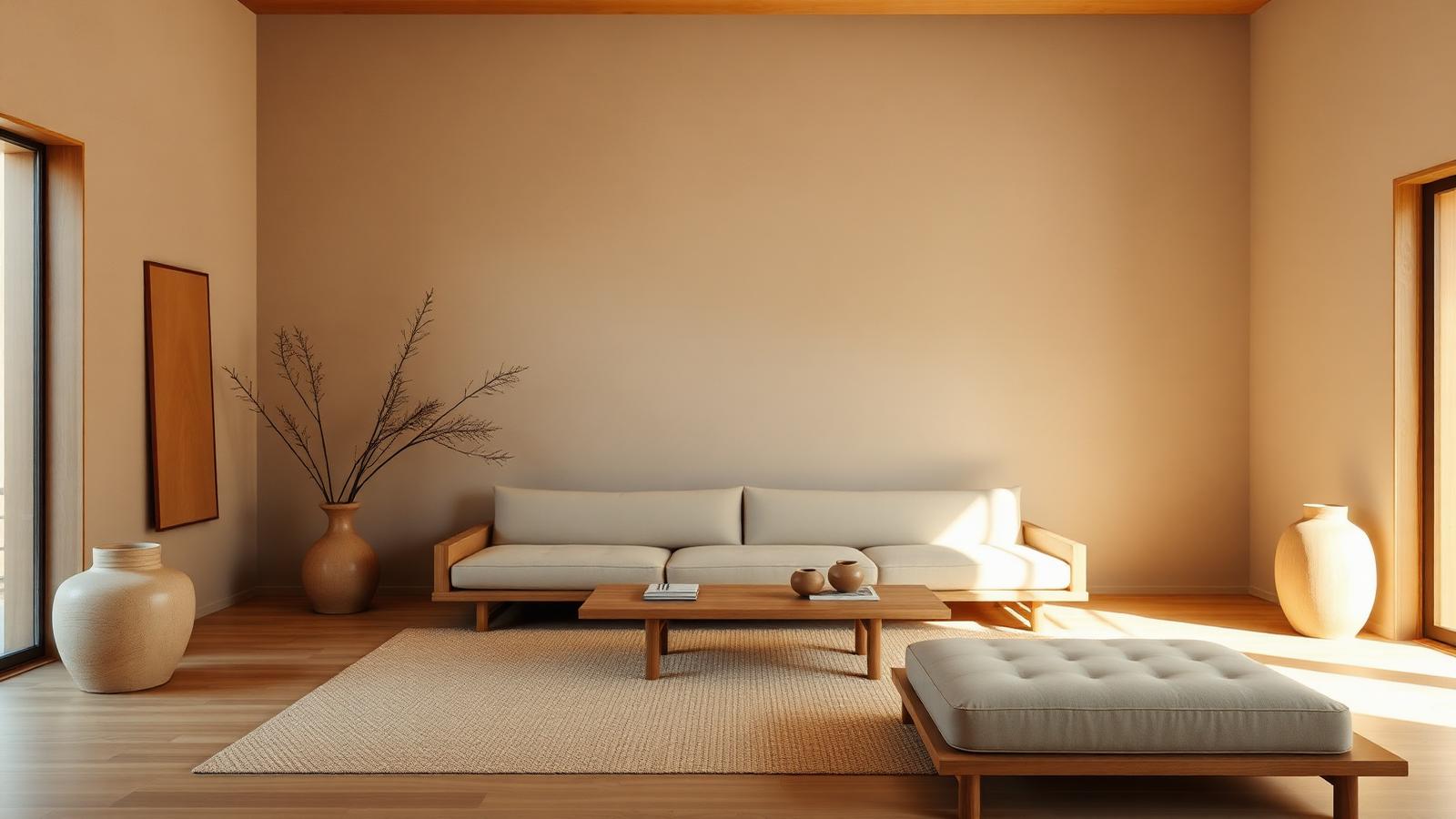Japandi living room with low profile furniture, warm oak, calm neutral palette and understated decor