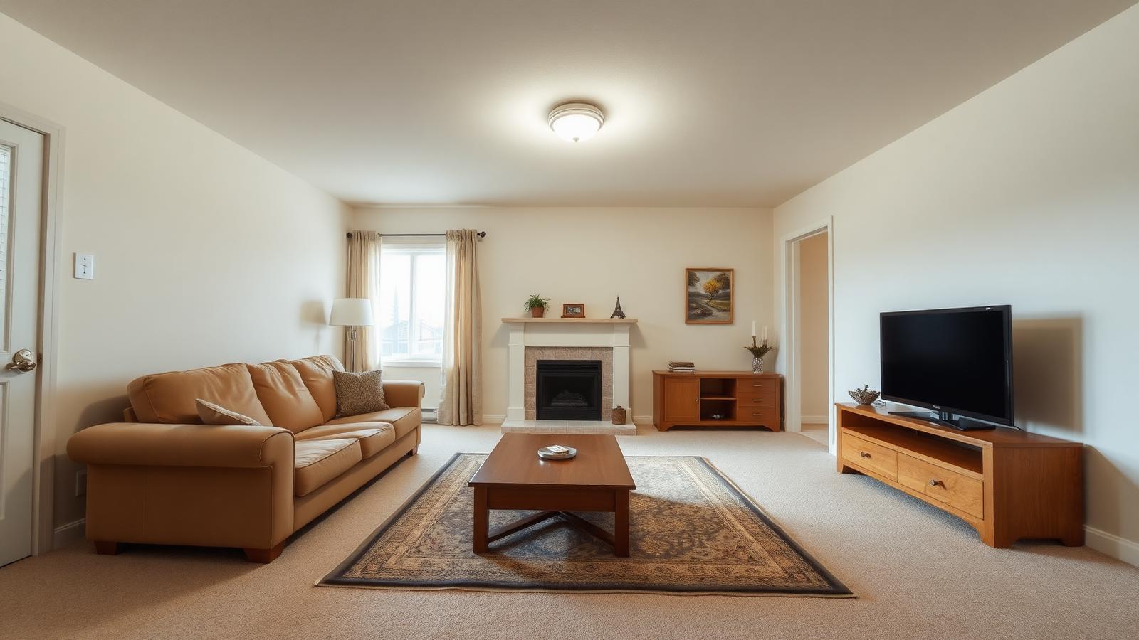 Standard beige suburban living room with basic sofa, wood coffee table, plain fireplace and TV console before AI living room redesign