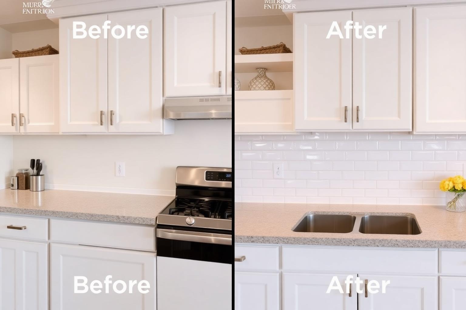 Kitchen backsplash before and after with white subway tile