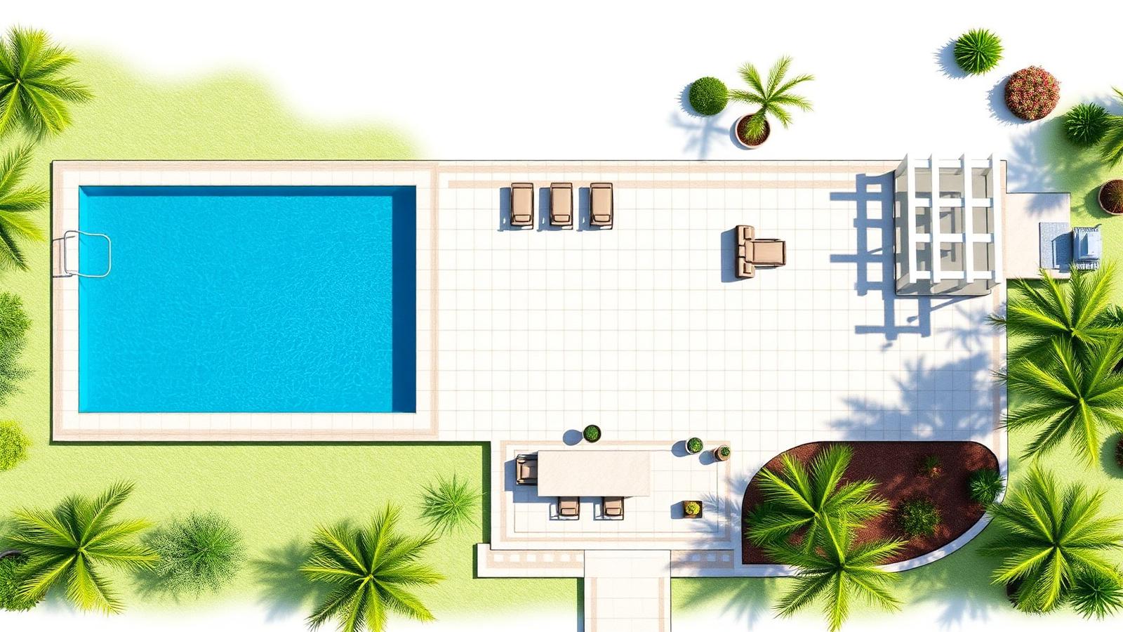 AI landscape plan with swimming pool, deck, pergola, lounge seating and planting