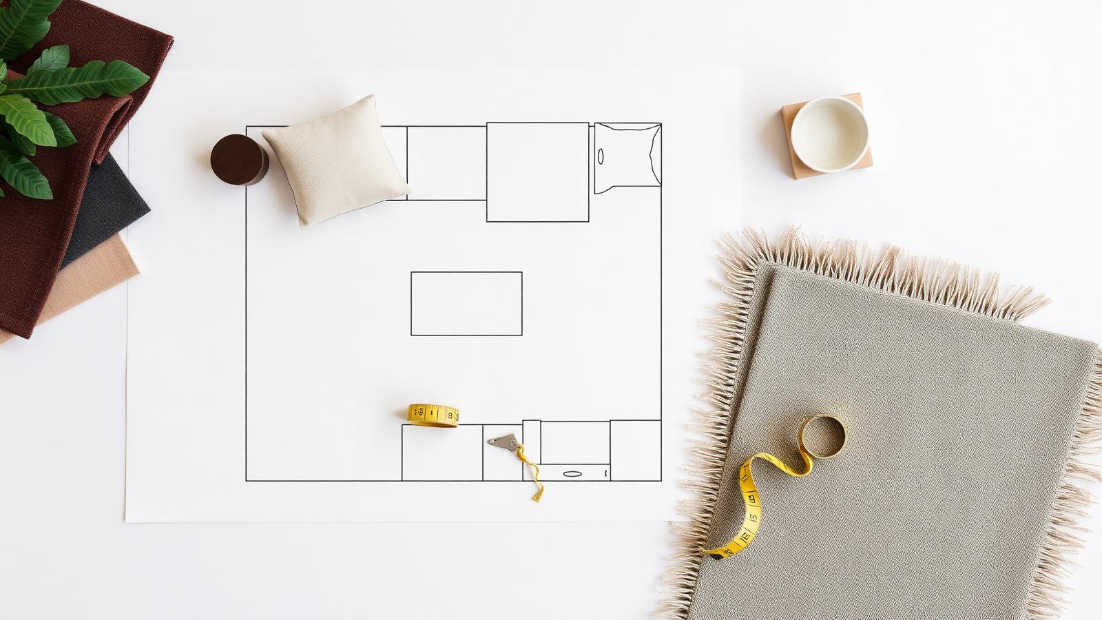 Overhead flat lay of a small living room floor plan sketch with fabric swatches, wood samples, a small rug corner, and a measuring tape